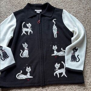 Tanjay Black and White Cat Pattern cardigan sweater size LP
